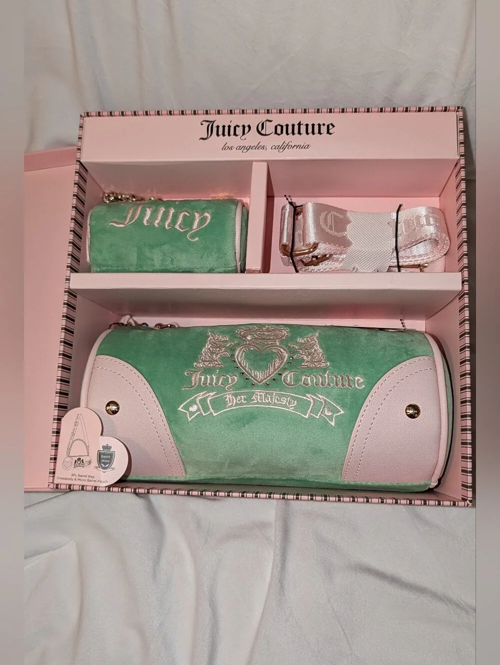 Juicy Heritage Barrel Bag Set with Strap Green Pink NWT